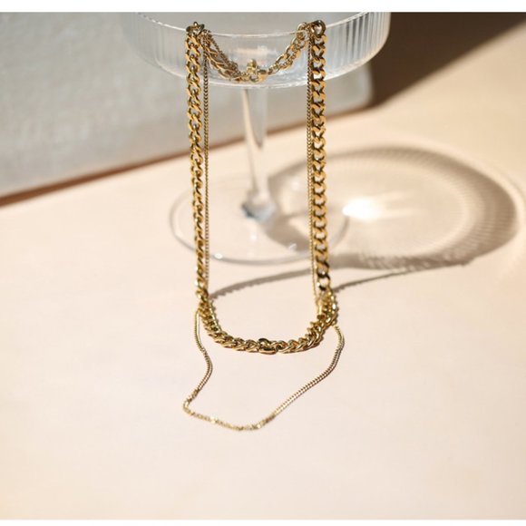 18K Gold Plated Double Layer Link Chain Necklace - Picture 7 of 8